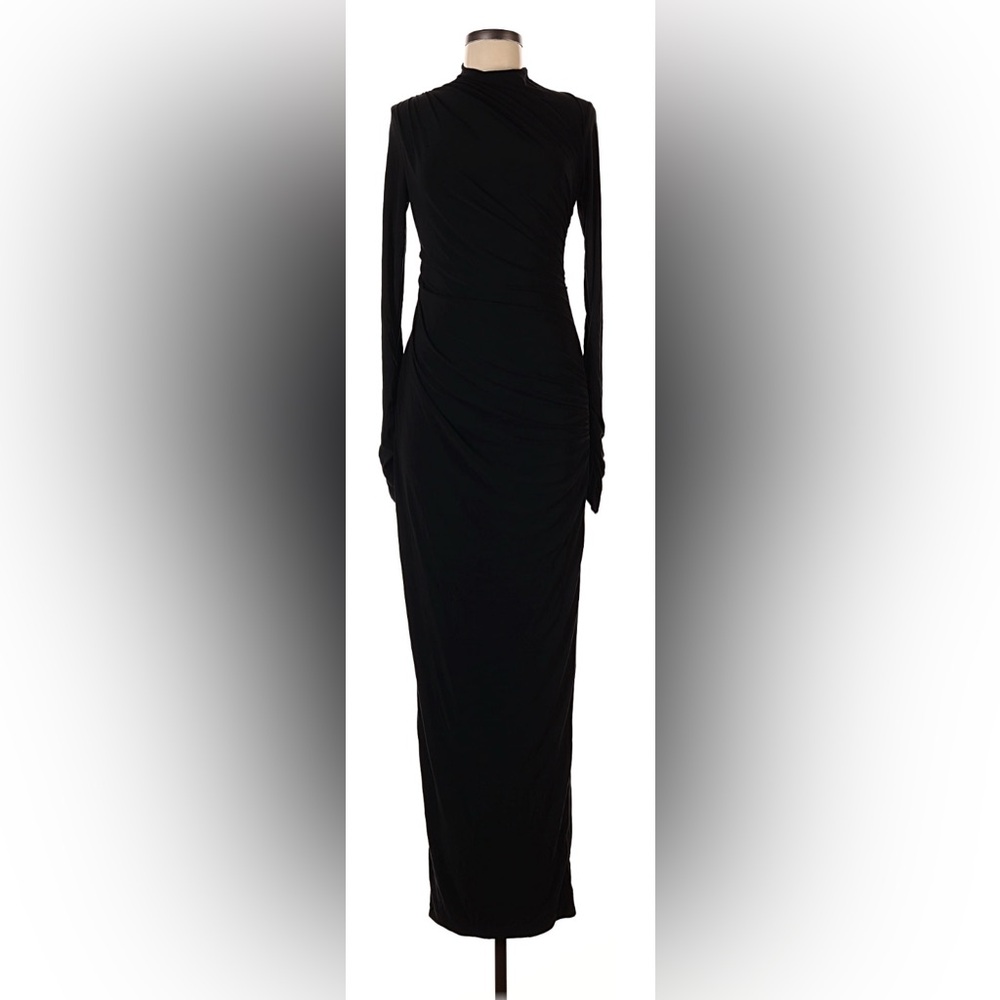 NWT Club L London BLACK Hespera Runched Long Sleeve Mock Neck Gown with Slit - Picture 6 of 7